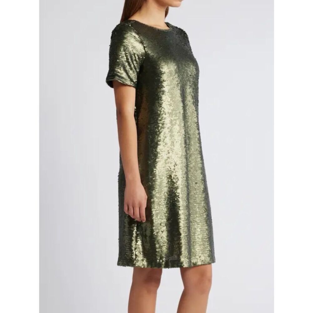 Anne Klein Sequin T-Shirt Dress Olive Green Short Sleeve Shift Dress 8 NWT